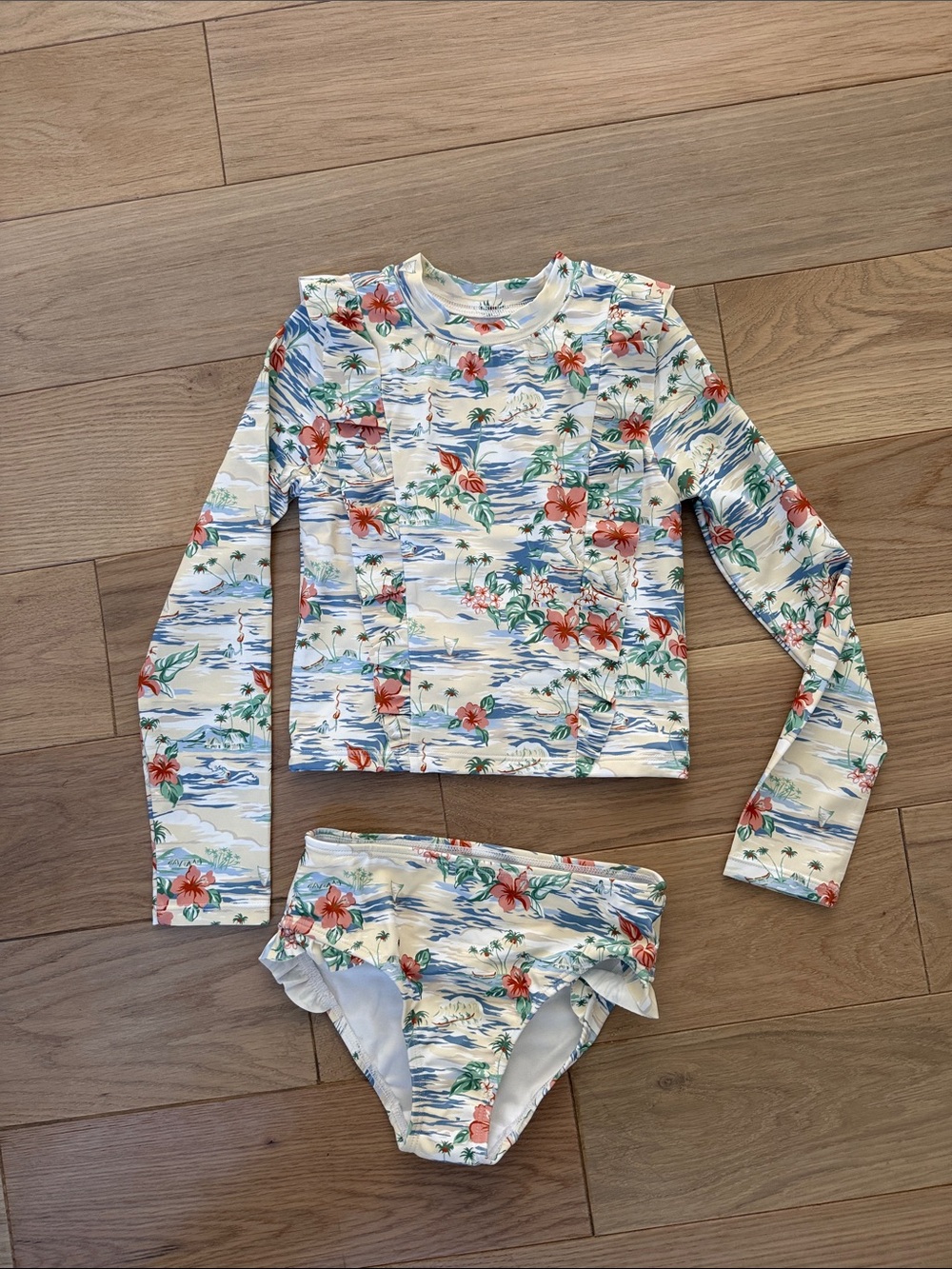 Janie and Jack White and Coral Floral Long-Sleeve Rash Guard Set